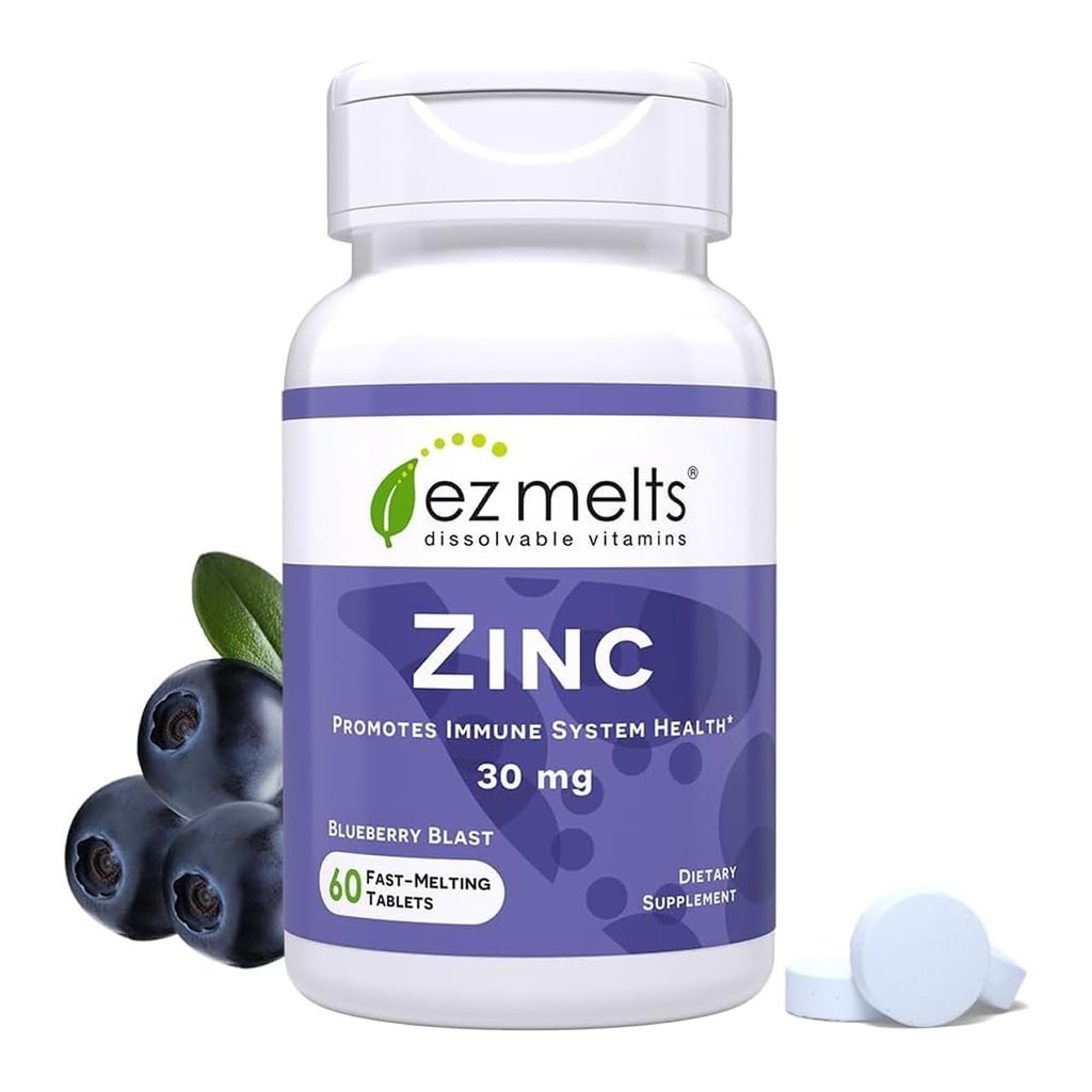 EZ 熔化锌 -- -- 免疫、消化和皮肤健康支助补充剂 -- -- 非GMO、Vegan和Gluten-Free -- -- 蓝莓爆破 -- -- 60块可溶解药片(60枚)