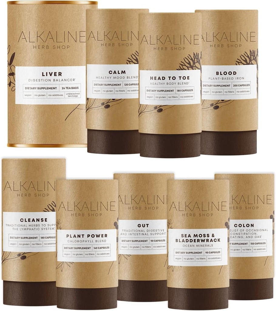 Alkaline Herb Shop 身体基本材料包 - Sea Moss & Bladderwrack, Clorophyll, 铁, 快乐健康身体, 快乐科隆, 快乐Lymph, Gut, 快乐肝茶和欢乐Mood