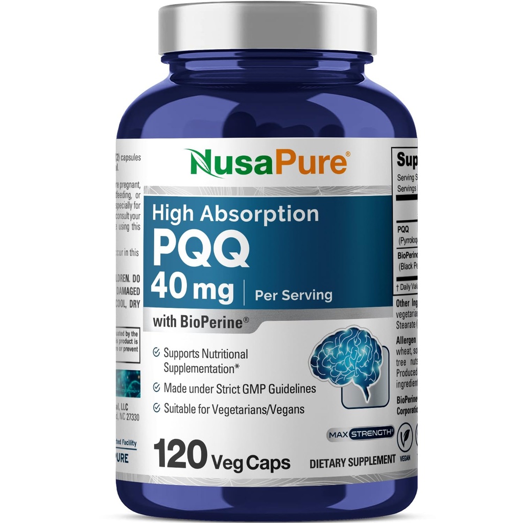 NusaPure PQQ 补充40 mg, 120 Veggie Capsules, 非GMO, Pyrrologuenoline 昆酮二碘盐, Bioperine