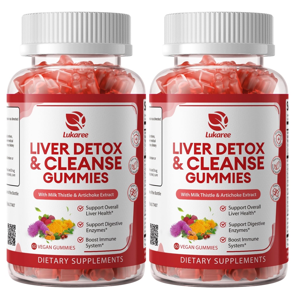 2 Pack Lukaree Liver Cleanse Detox & Reference Gummys – 糖无糖牛奶硝酸盐补充剂 w/Artichok & L-Glutathione - 超集中草药 Liver支持男女 - Vegan,60 Counter