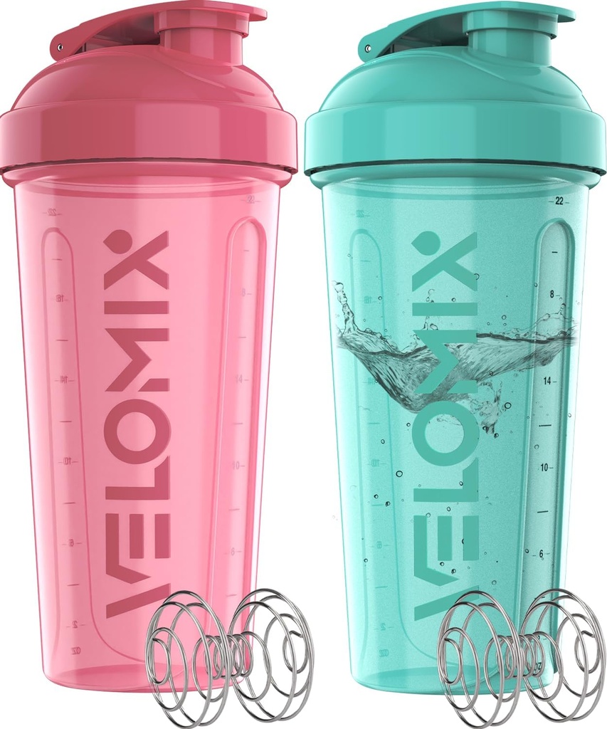 VELOMIX -2 Pack - 28 oz 蛋白质摇摆瓶 蛋白质混合剂 - 2x 电威斯克 → Leak Proof Shaker 杯 蛋白质摇摆剂 → 蛋白质摇摆瓶 包 (Pink/Turquise)