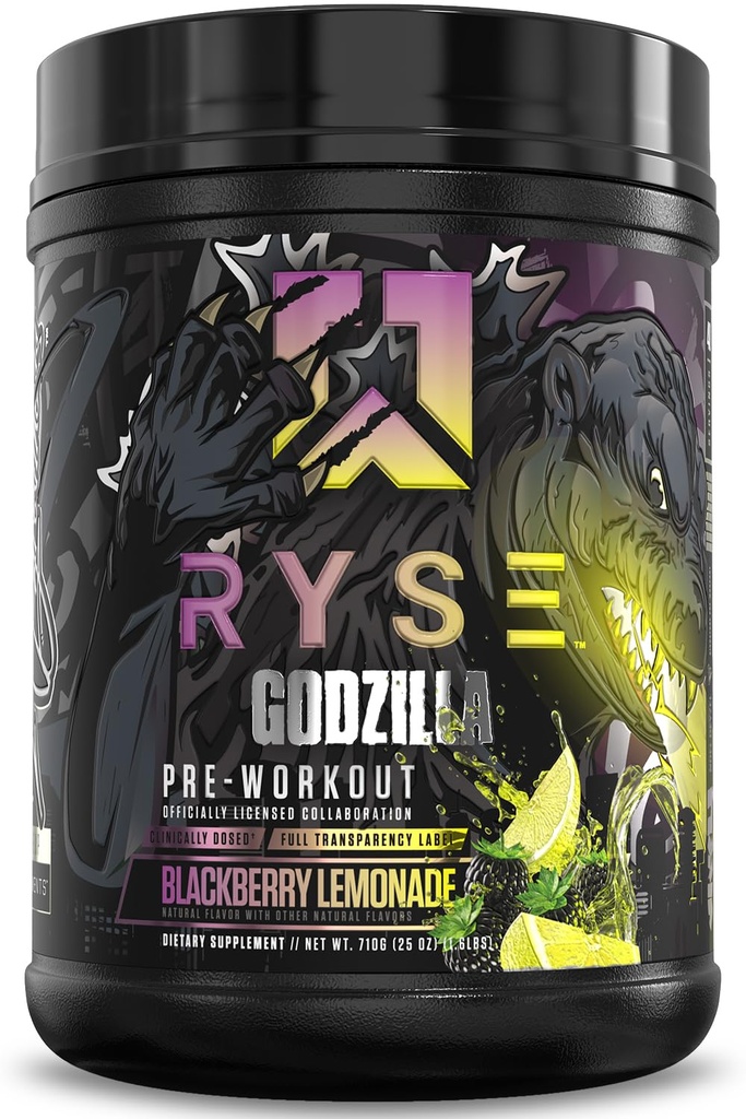 RYSE Godzilla X Noel Deyzel 预选工作粉 - BlackBerry Lemonade - 400mg Cafeine, 与Citrulline & Beta Alanine合作的男女高级预选工作 - 能源,泵和焦点 - 20/40 服务