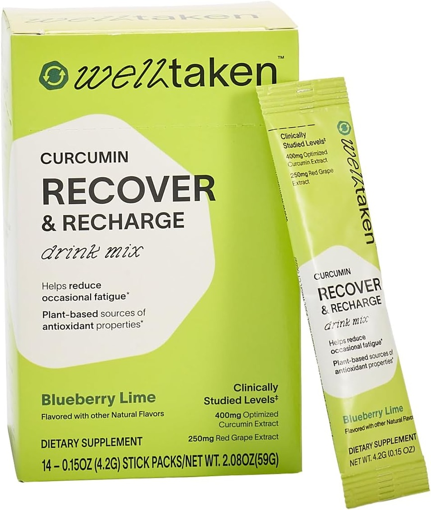 Turmeric Curcumin Recover Powder - 蓝莓莱姆,14厘米盒 - 400mg 优化的Curcumin,石榴,红葡萄 - 帮助减少不定期的Fatigue - Vegan,14名服务员