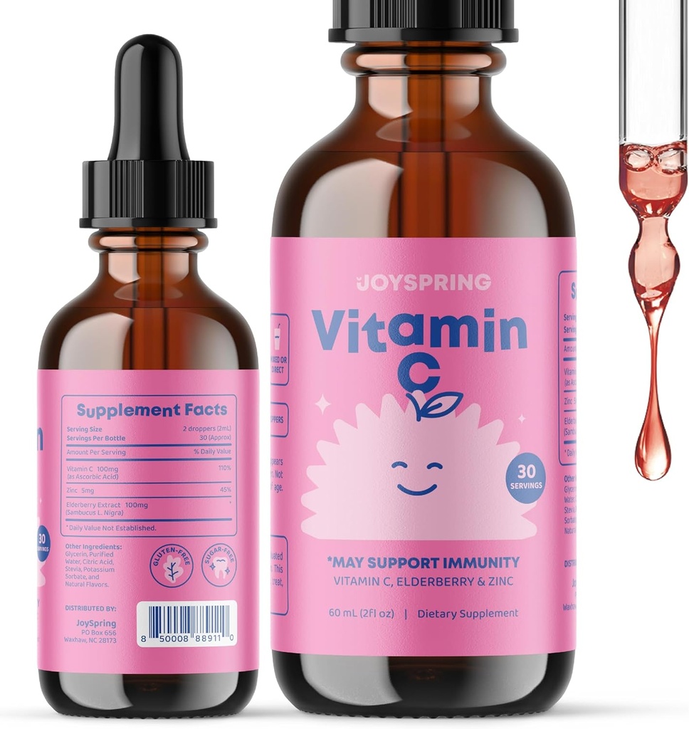 JoySpring Vitamin C + Elderberry Drops + zinc 儿童免疫支持, Genius Drops for Focus, 儿童维生素D