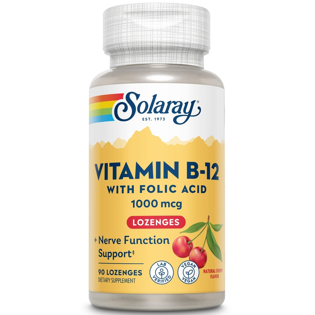 SOLARAY 维生素B-12 1000mcg Lozenges 含叶酸 天然樱桃火焰 健康能源支持 90CT