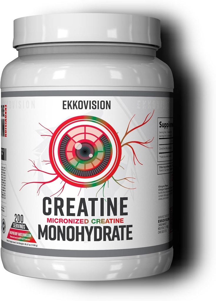Ekkovision Creatine 单水合物粉末、微缩、Raspberry 西瓜、男女工作前和工作后补充、能源支持、易混合在摇摆、滑动和饮料中、200种服务