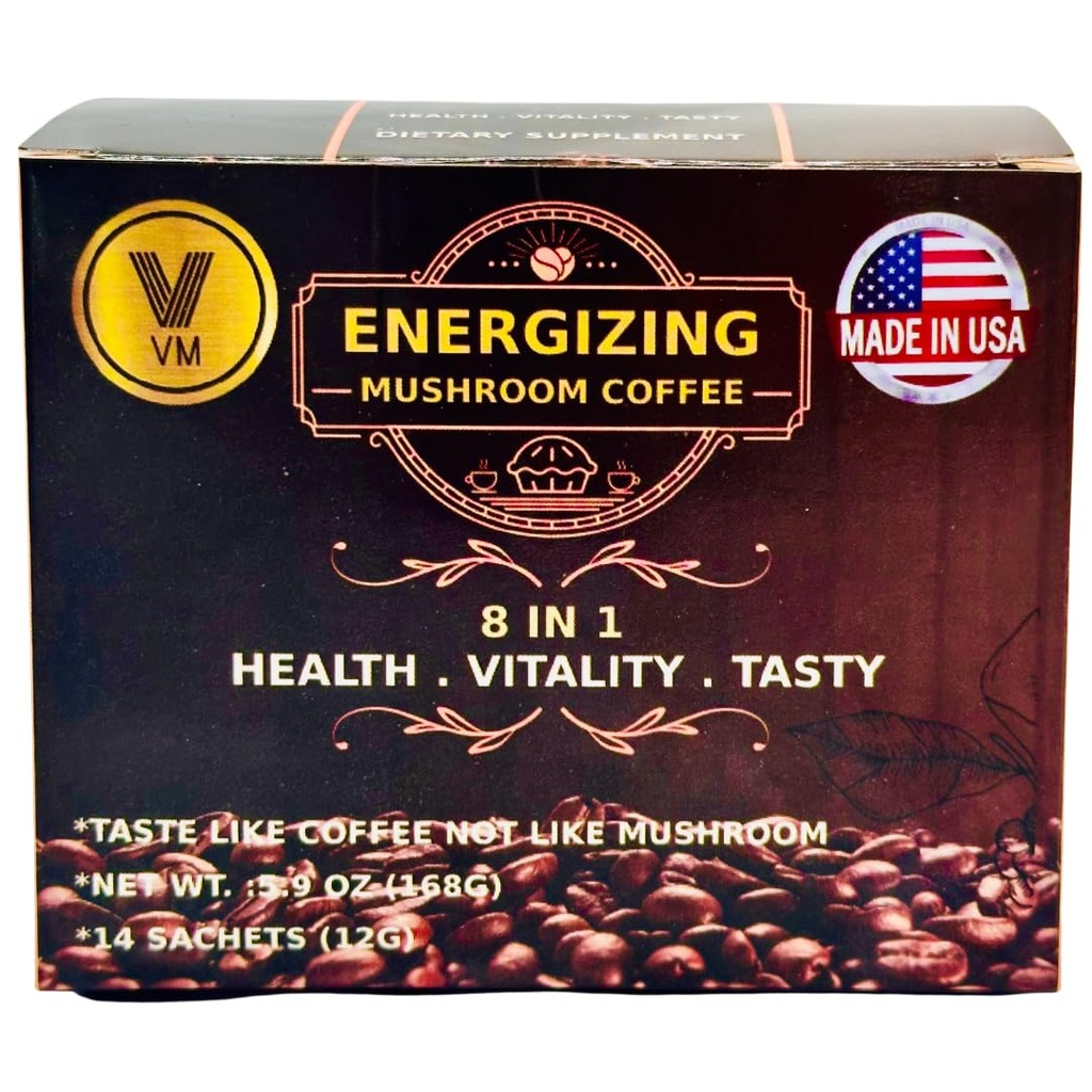 VM增强蘑菇咖啡-Reishi与Ginseng & Carbo Mix-Instant咖啡的能量. 天然加诺德马与即时咖啡馆. Dietary subst. 8-in-1 蘑菇咖啡. 混合咖啡有机经典. 在美国制造。 (14) 页:1