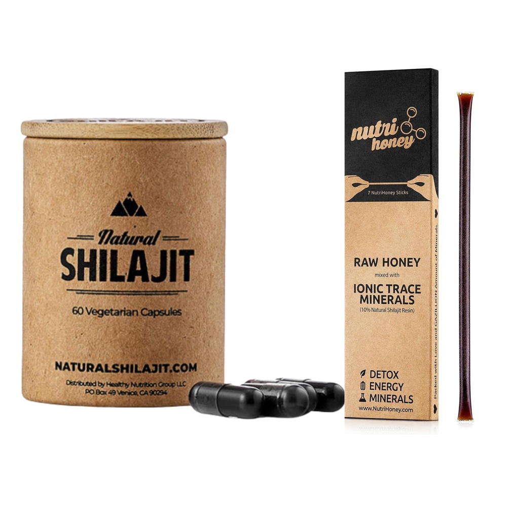 天然Shilajit Capsules(1-2个月供应) - 60 Counter & Shilajit 蜜棒 - 天然Shilajit Resin 与 Raw Honey(7个棒)混合
