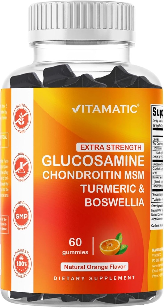 Vitamatic Extra Strigions Glucosamine Chondroitin Gummys with MSM, Turmeric & Boswellia – 60 Pectin基的Gummys 高级联合支持公式 — 无糖,非GMO, Gelatin- Free
