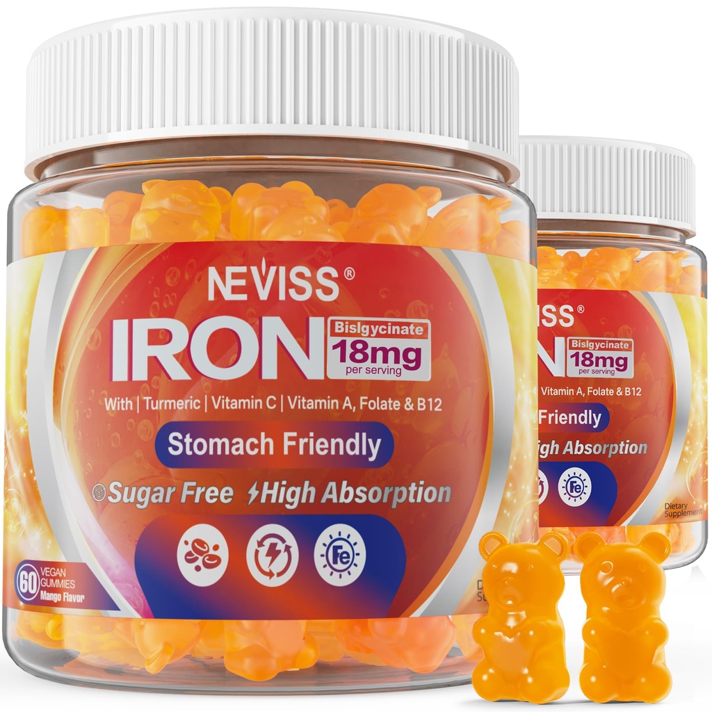 维冈铁胶(Vegen Iron Gummys),配有维生素C,B12,Folate & Turmeric - 能源与免疫健康 – Gummy Iron Bisglynate 18mg Gentle & Non-Cantle - 女性与男性,2 Pack