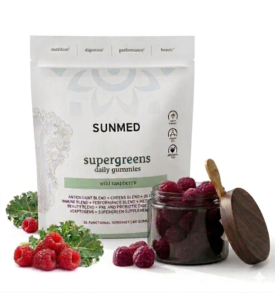 SUNMED Supergreens Daily Gummys – 健康与Ashwagandha,绿茶,螺旋藻,Probiotics,抗氧化剂和解毒支持豁免,Gut, Skin & Brain Health – Wild Raspberry, 60ct