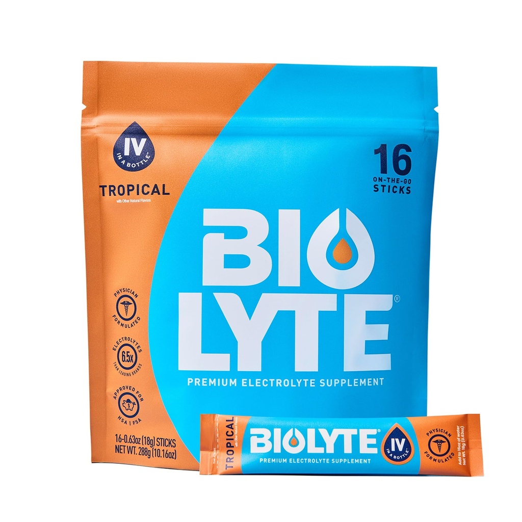 BIOLYTE IV 电解质粉包、IV 液饮水混合剂、博士开发水分、HSA和FSA 批准的脱水救济、女性和男性必须拥有的化学疗法 -- -- 热带(16支棍)