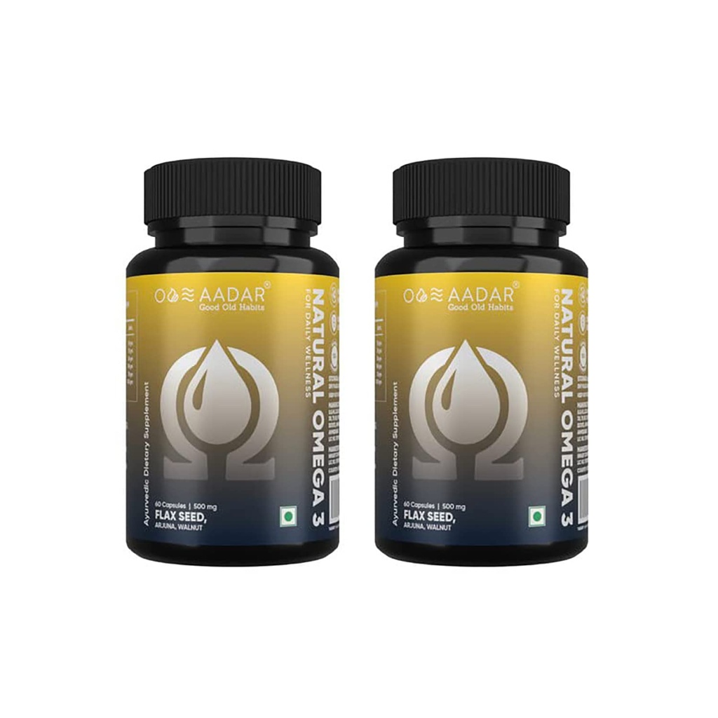 AADAR NATURAL OMEGA 3 | Vegan Omega3 Fatty Acid & Immunity Supplement for Men and Women |Flaxseed, Arjuna, Walnut - No Fish Oil | 60 Capsules(Pack of 2)