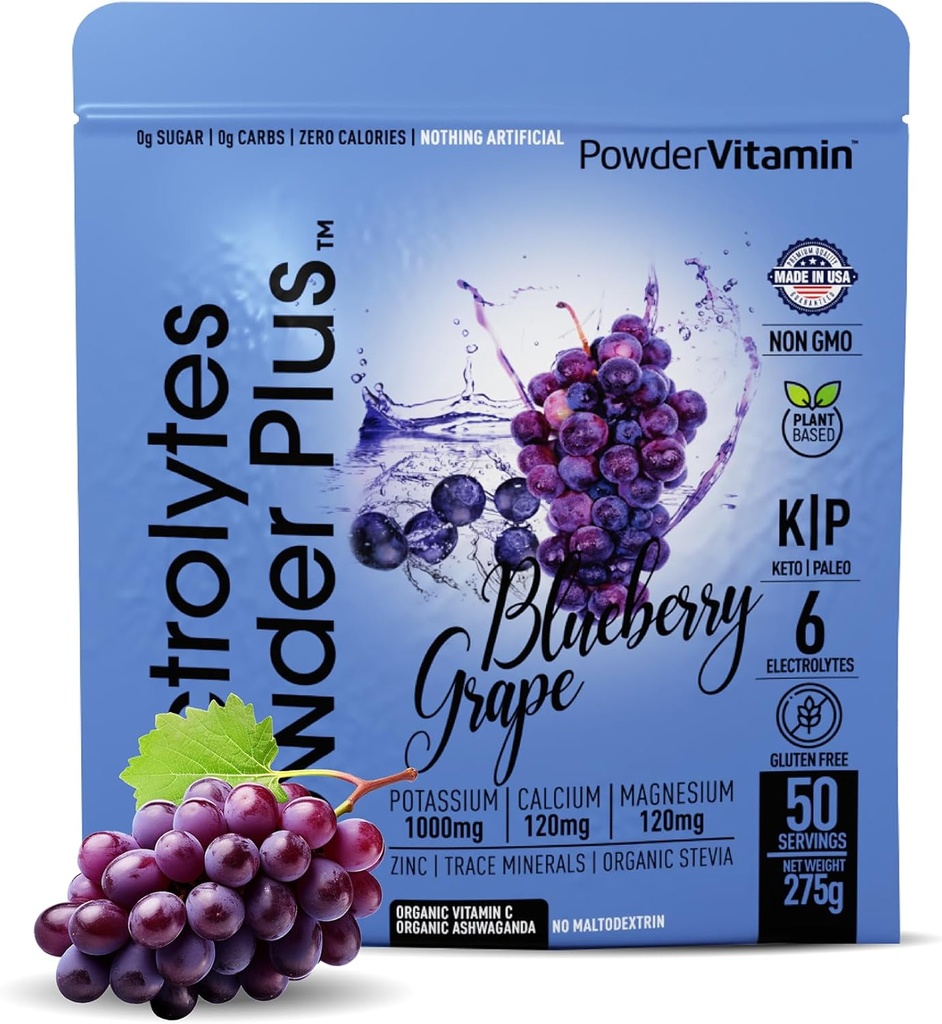 电解质粉 Plus (50 services), 0 Calorie Keto, 0 Sugar, no Maltodextin 1100mg 钾,120mg 钙,120mg 镁,水化粉(50 services,蓝莓葡萄)