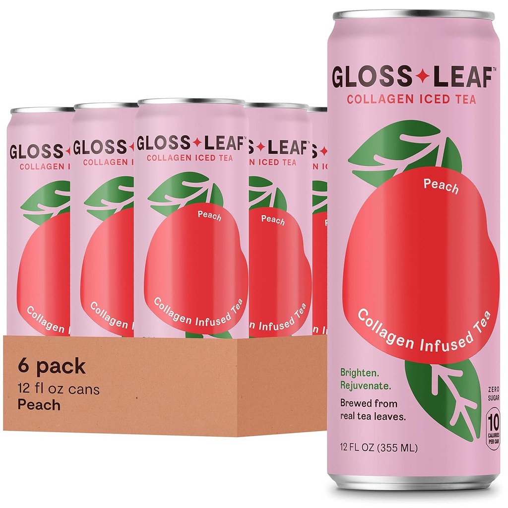 Gloss Leaf Collagen Iced Tea (Zero-Sugar,Peach):含Collagen Peptides蛋白与维生素C,美与抗衰老,12 Fl Oz,6 Pack的黑茶