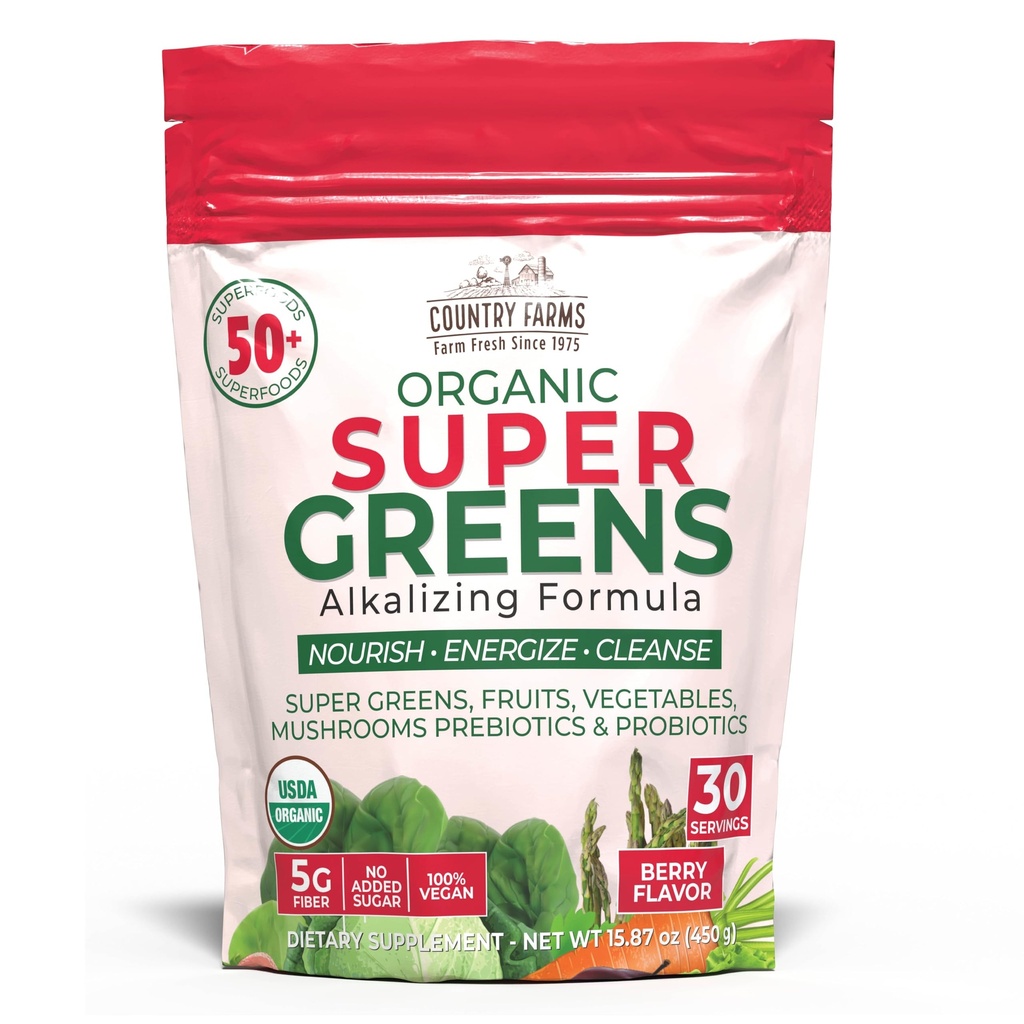 Country Farms Super Greens Berry Flavor, 50 Organic Super Foods, USDA Organic Drink Mix (Wheat Grass, Spirulina, Chlorella) Mushrooms & Probiotics, with Fiber, Gut Health, Natural Energy, 30 Servings