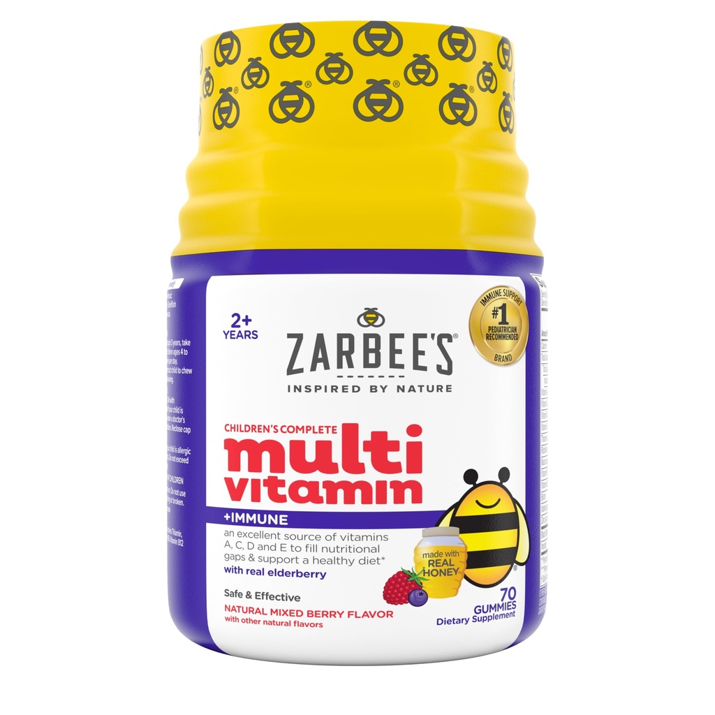Zarbee的完整孩子 多维他明Gummy + 免疫支持,Berry Flavor,蜂蜜甜美,Gluten-Free & Gelatin-Free,维生素A,C,D3,E,B6,B12,Folic Acid & B-Complex,70 Counter