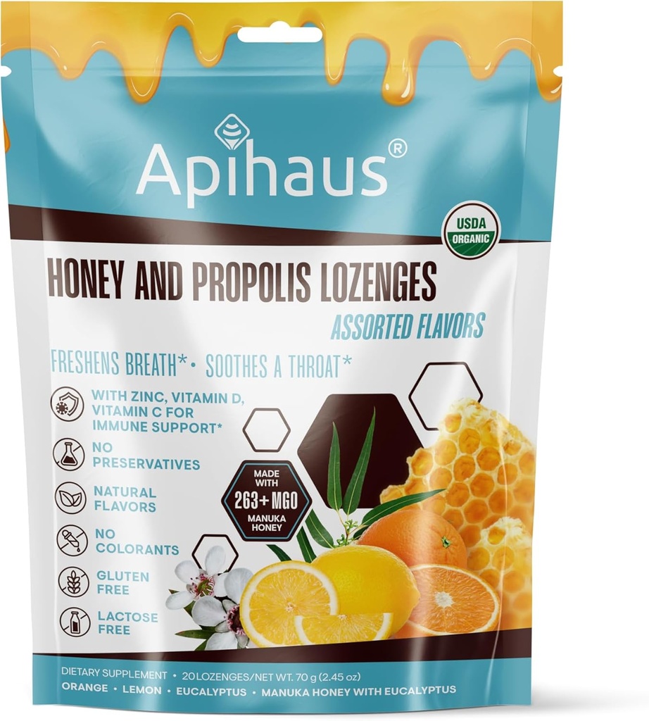 蜂蜜和Propolis Lozenges 各种Flavors,新鲜的呼吸 - 喉咙 - 免疫支持与维生素C,维生素D和锌,20个伯爵
