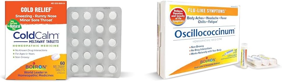 Boiron ColdCalm 缓解常见的冷症状的药片,例如喷嚏和Oscilloccinum,用于缓解类似流感的体痛、头痛、发烧、寒冷和Fatigue的症状。