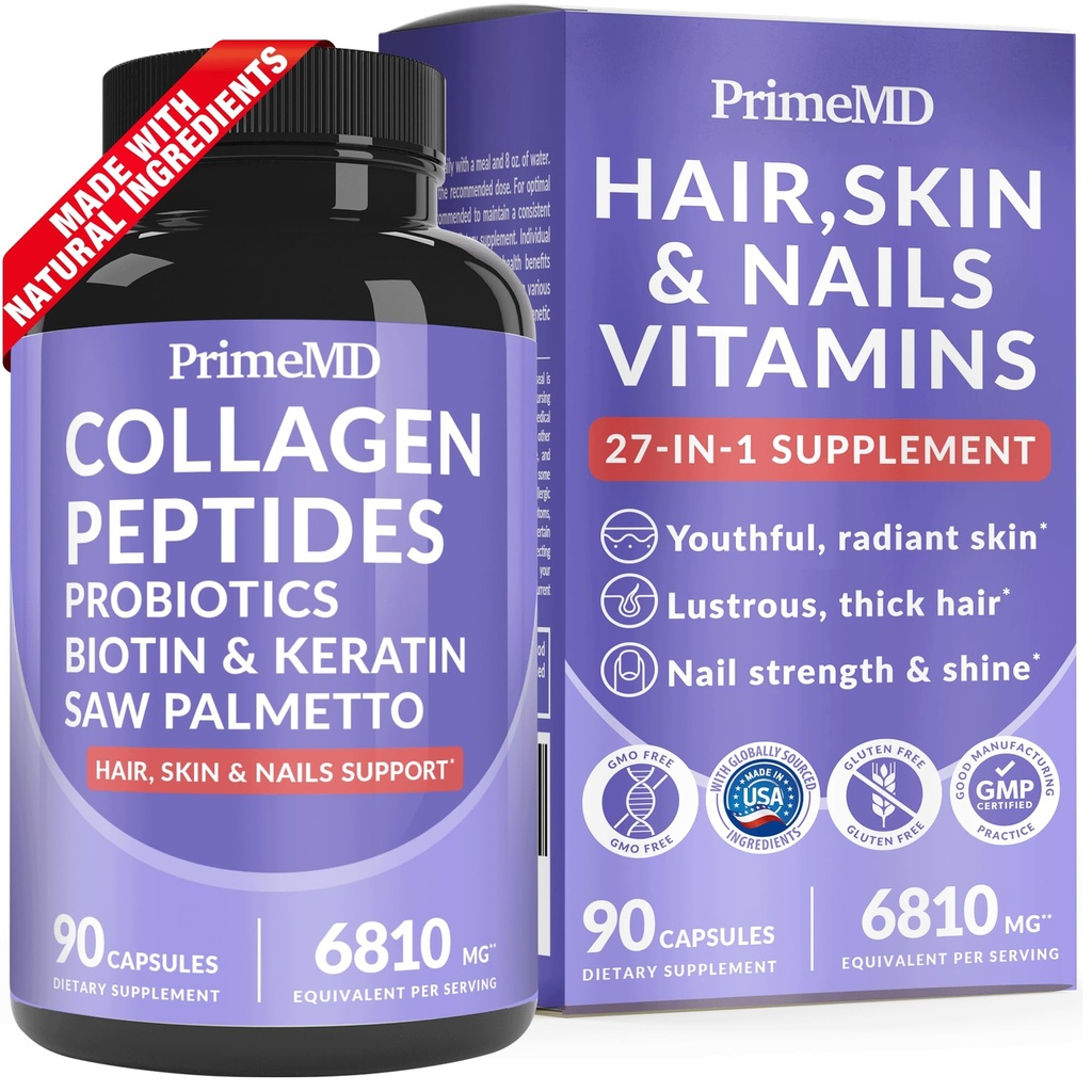 27-in-1 毛皮和直肠维生素(6810mg)与Biotin 10000mcg - 男女科拉根补充剂 - Keratin 与Probiotics和Saw Palmetto, 90ct