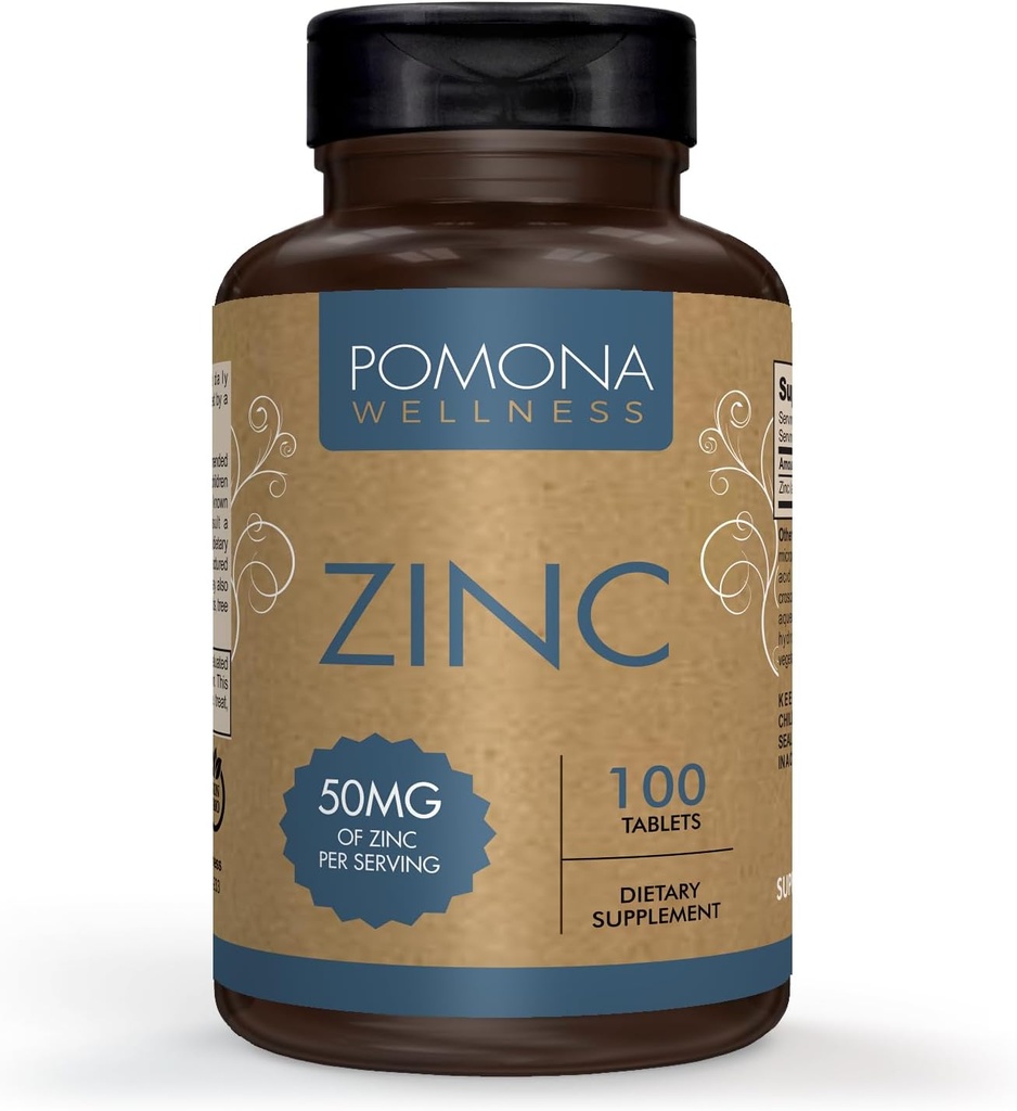 Pomona Wellness Zinc 成人补充剂,50毫克,皮肤健康和免疫支持,容易吞咽,抗氧化剂和整体健康,Vegan,Non-GMO,100片