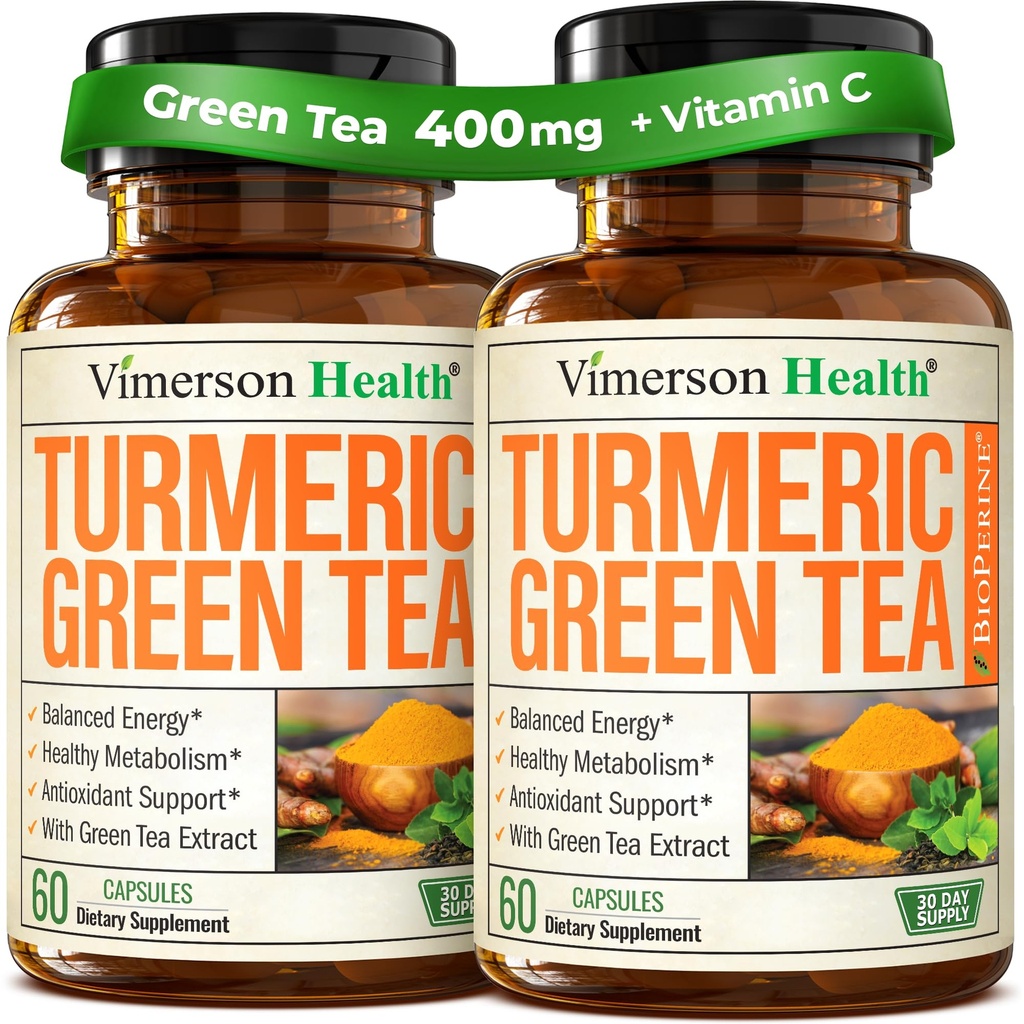 Turmeric Crucumin 配有绿色茶叶萃取剂(ECGC)和维生素C,用于联合健康,能量和炎症平衡 - 有机Tummeric Crucumin 配黑辣椒 - Gluten-free,非GMO. 2-Pack.
