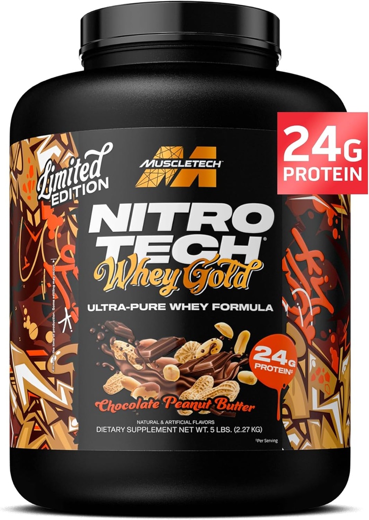 MuscleTech Whey蛋白粉(Chocolate Palentus Butter, 5LB) - Nitro-Tech Whey蛋白蛋白 单质蛋白 单质蛋白 Mix for Lean Muscle & Fast Recover - 24g of Whey Gold protein for Men & Men - Gluten - Free