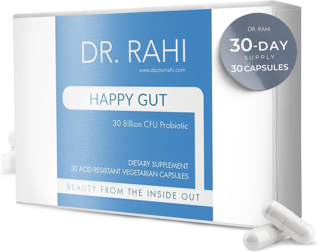 Dr. Rahi Probiotics Daily DF 30 Billion CFU Probiotic Gut Support Supplement, 30 Acid Resistant Capsules, Probiotics for Digestive Health, Gut Health for Women/Men, Support Gut Motility -Happy Gut