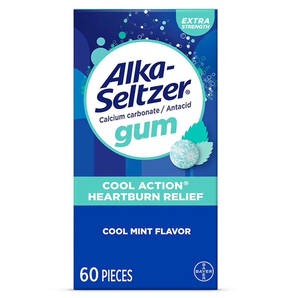 Alka-Seltzer Cool Action Heartburn Relief Gum, Extrastrong Antacid Gum, Acid 消化不良和胃部消毒, No Chalky Taste, Cool Mint Flavor, 60 Count