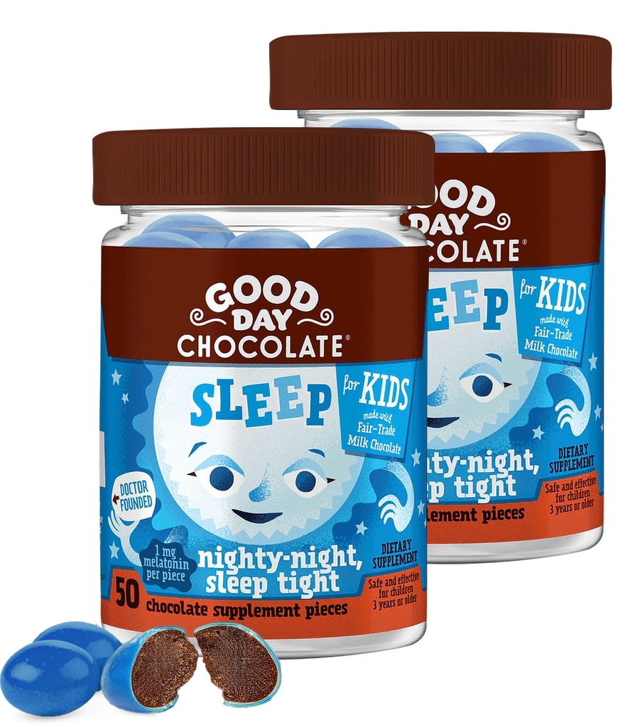 Good Day Collography Melatin for Kids [2 Pack] - 公平交易非GMO 巧克力与查莫林和Melatonin 1 mg - Todler Melatonin, Kids Natural Sleep Aid for Ages 3 and Up.