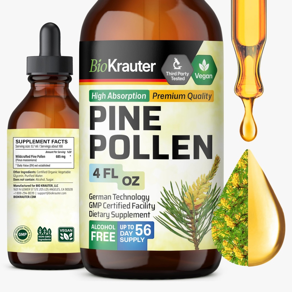 BIO KRAUTER Pine Pollen Tincture - Pine Pollen粉状液体提取用于免疫支持 - 酒精和糖无糖天然草药补充剂 - 4 Fl.Oz.