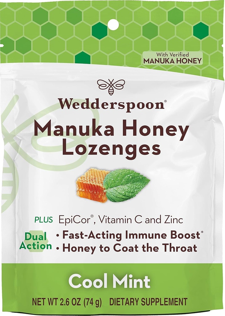 Wedderspoon Manuka 蜂蜜豁免 Lozenges, Cool Mint, 2.6 Oz (Pack of 1), 真正的新西兰蜂蜜, 两小时内的快速豁免