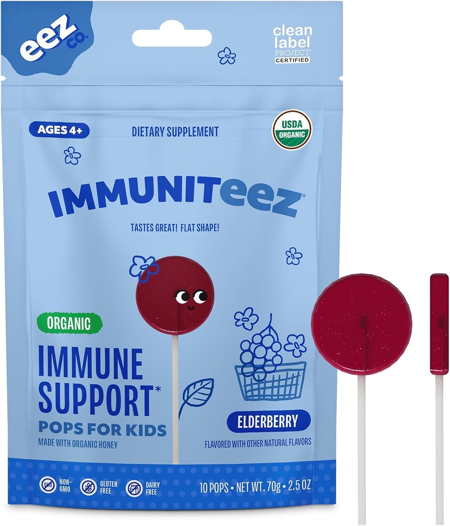 Immuniteez 有机树莓棒棒糖 儿童-用维生素C,D,E,锌和有机蜂蜜的免疫支持-Gluten Free Kids 维生素-10 Counter Bag