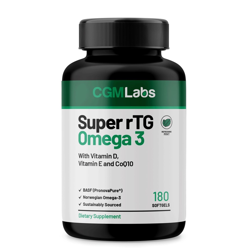 rTG Omega 3 挪威鱼油加CoQ10 食物补充剂-心脏健康和抗氧化剂 支持维生素D & E – 2000 mg 可持续来源 – Super rTG Omega 3, 180 Softgel by CGM Labs