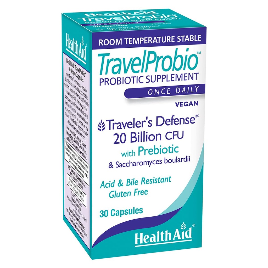 HealthAid TravelProbio 20 Billion CFU Probiotic – Saccharomyces boulardii + Prebiotic (FOS), Acid & Bile‑Resistant – Once‑Daily Vegan, Gluten‑Free, Room‑Temp Stable – Travel Digestive Support