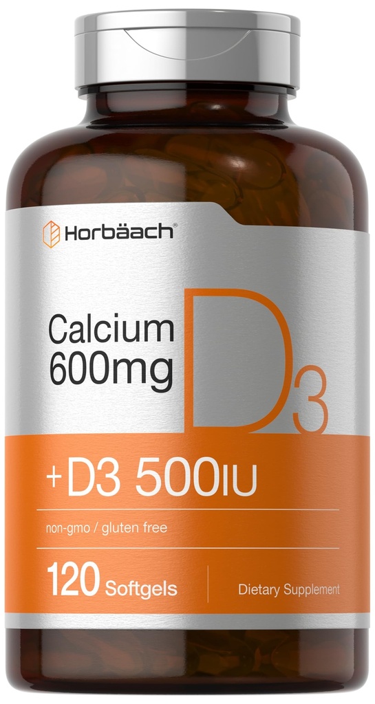 Horbäach Calcium 配有维生素D3 → 600 mg → 120 软胶 → Non-GMO & Gluten Free → 适用于男女