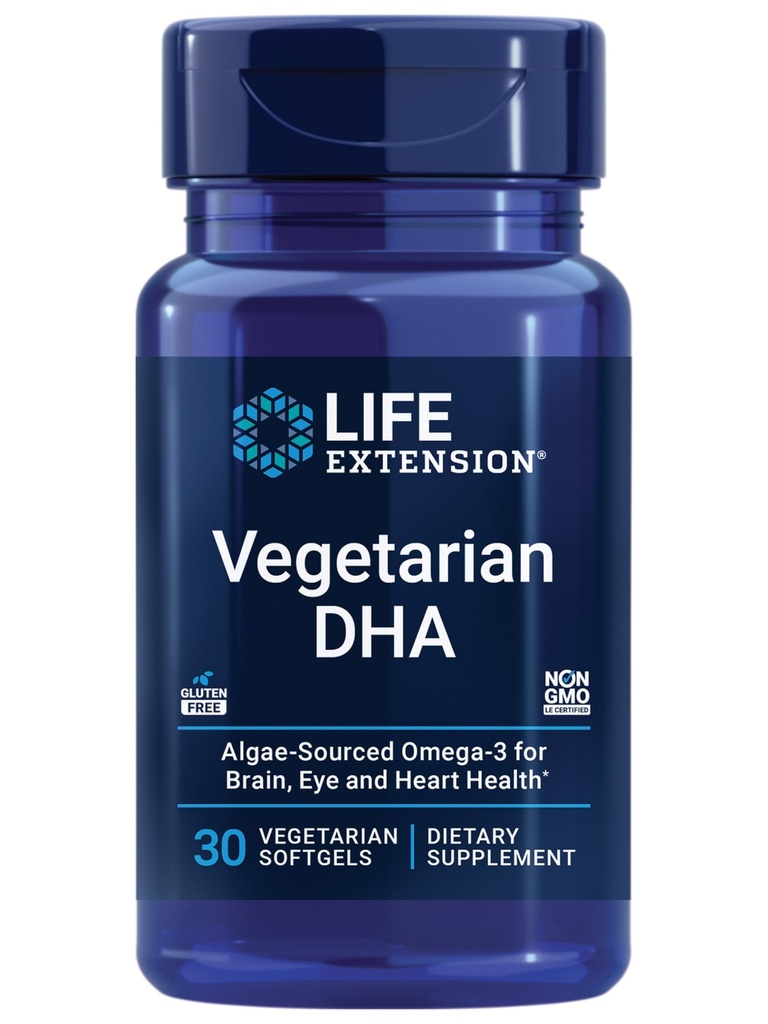 生命延伸 蔬菜DHA,来自藻类的Omega-3用于认知,Mood & Eye健康,Gluten-Free,Non-GMO,Vegan,30软胶
