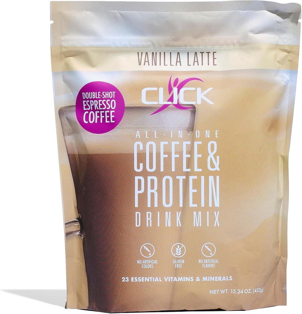点击咖啡蛋白粉 双镜头 Espresso 16g 蛋白质 23 基本维生素 低卡路里食品替代 150mg 咖啡因 Gluten Free QQ 无人工火焰或颜色 香草