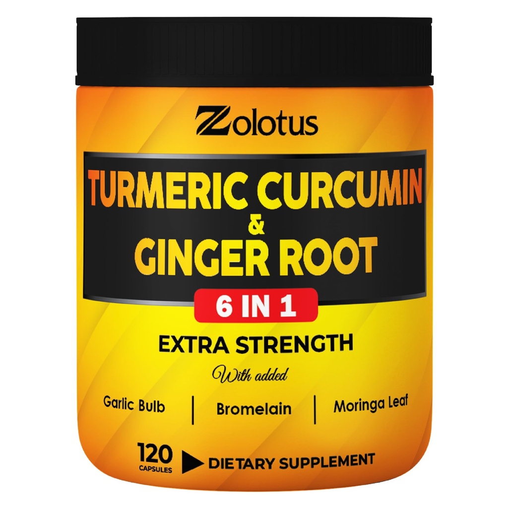 1分中6分(Turmeric Curcumin + Ginger Capsules),95%的Curcuminoids配有姜,蒜块,布罗梅兰,莫林加,黑辣椒 - 120分(Capsules)