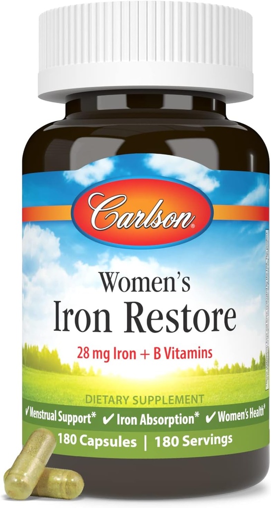 Carlson - 女性铁还原,28 mg 铁+ B 维生素,月经支持,铁吸收和妇女健康,180 Capsules