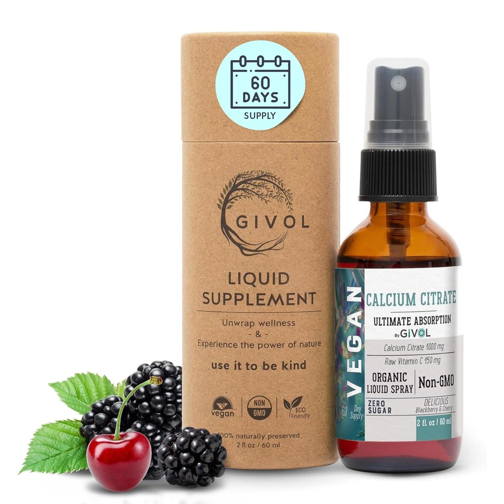 液态钙 液态钙 1000mg & Raw Vitamin C 150mg 液态喷雾用于优化吸收,野生樱桃 & BlackBerry Flavor, 钙补充剂, Non-GMO, Gluten Free, Sugar-free 2oz (60ml)