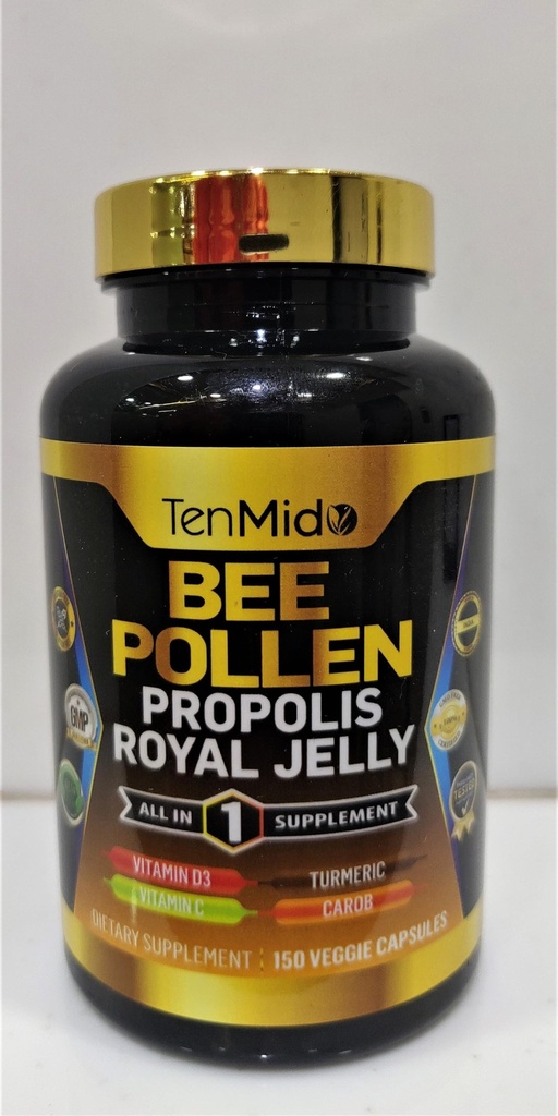 Bee Pollen Capsules for Men and Women, 7-in-1 配有 Propolis, Royal Jelly, Turmeric, Carob & More - 能量, Imune, 消化支持 - 富营养,维生素 - 150 Capsules