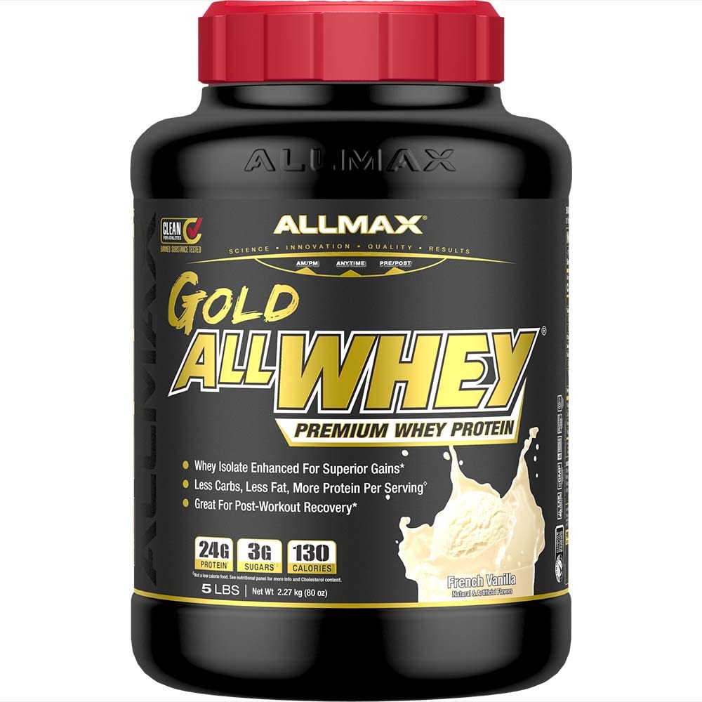 ALLMAX Gold ALLWHEY Whey Protein Powder, French Vanilla, 5 lb, 24g Protein Per Scoop, High Protein for Muscle Recovery, Lean Muscle Growth & Post Workout Nutrition, Gluten Free, 71 Servings
