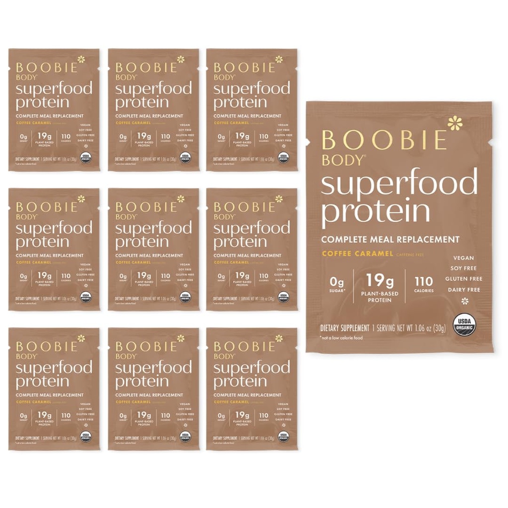 Boobie Body 超级食品蛋白质替代食品摇摆,咖啡焦糖Flavor | 19g蛋白质 |安全怀孕,哺乳,和母亲 |有机,Vegan,零糖,10个单服务包(每包1.06 oz)