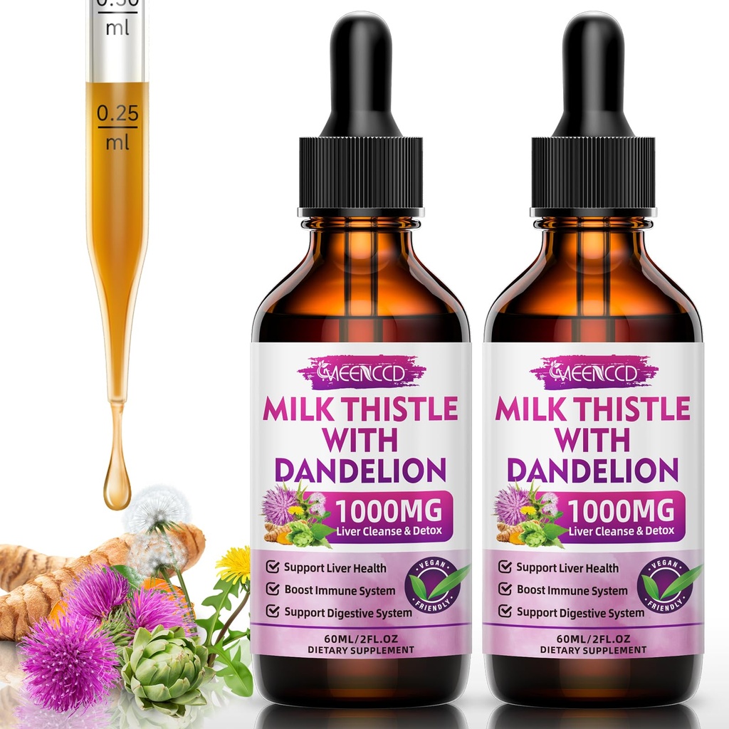 2 Pack Milk Thetle Liquid Drops - Liver Cleanse Detox & 维修 - 1000mg Milk Thetle liver 支持Liver, Silymarin Liver liver liver liver 健康补编,Vegan, Non-GMO, 4 Fl Oz
