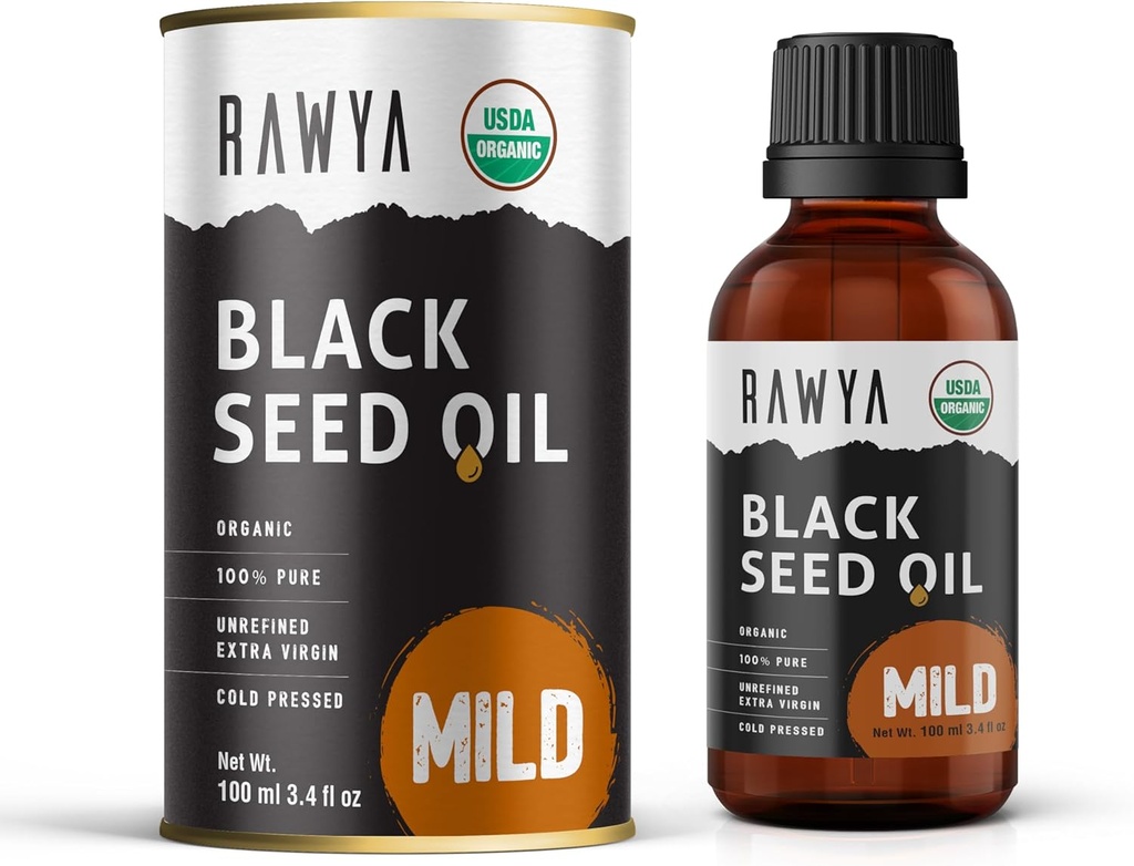 RAWYA 黑种子油 - 冷压 - 黑库明种子 - 奈杰拉·萨蒂瓦 - Omega 3 6 9 - Karonji for Skin and Health - 非GMO, Gluten-Free - 井油 - Mold Flavor - 3.4 Fl Oz