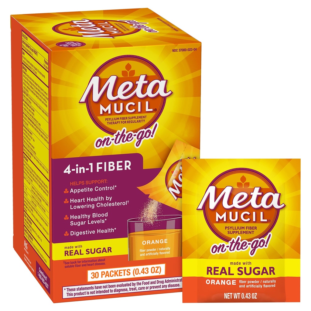 Metamucil On-the-Go, Daily Psyllium Husk 粉末加真糖补充剂,4-in-1纤维用于消化健康,橙色平滑火焰饮料,2包×30计数=60包 总计
