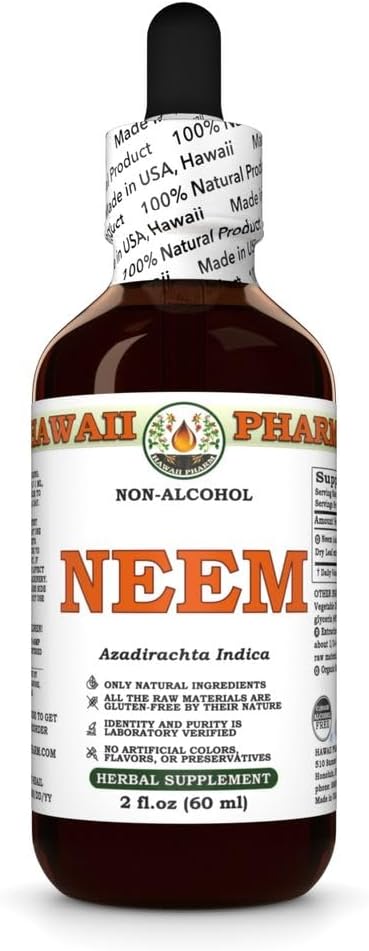 Neem无酒精液体提取,有机Neem (Azadirachta Indica) Dried Leaf Glycerite Natural Herbal 补编,美国夏威夷药典 2 f.oz
