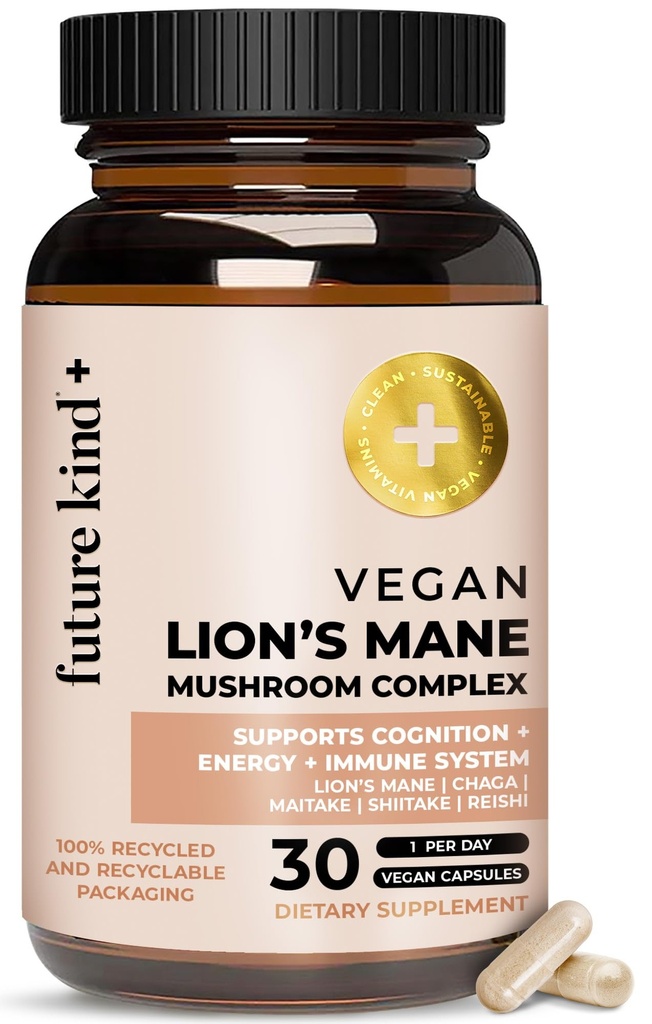 Future Kind Vegan Lion的马恩蘑菇综合体 -- -- 与Chaga、Maitake、Shiitake、 & Reishi、支持记忆和焦点(30ct)一起补充大脑