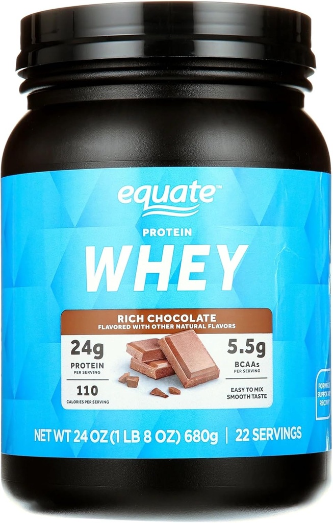 Equates Whey蛋白粉,富巧克力,每服24g蛋白,5.5g BCAAs,Whey Isolate Blend,22 services,平滑和美味,Unisex,肌肉恢复补充,1.5磅